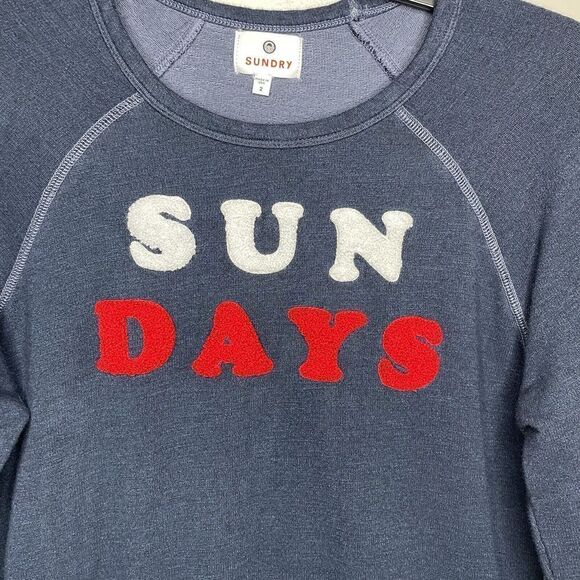 SUNDRY Womens SUN DAYS Sweatshirt Sz 2 Textured-Letters Navy Viscose-Blend - Picture 2 of 8
